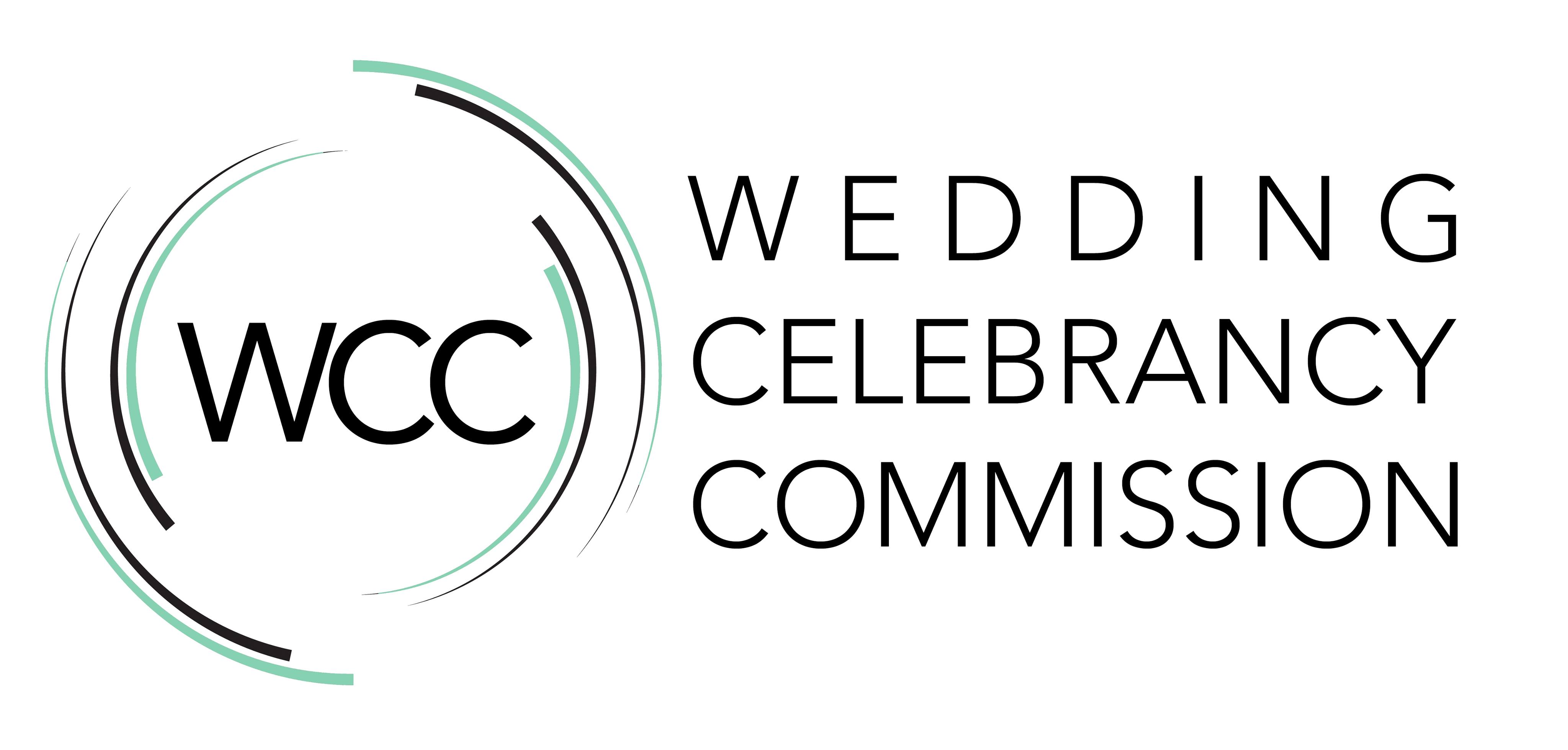 Wedding Celebrancy Commission logo with green and black circles around it.